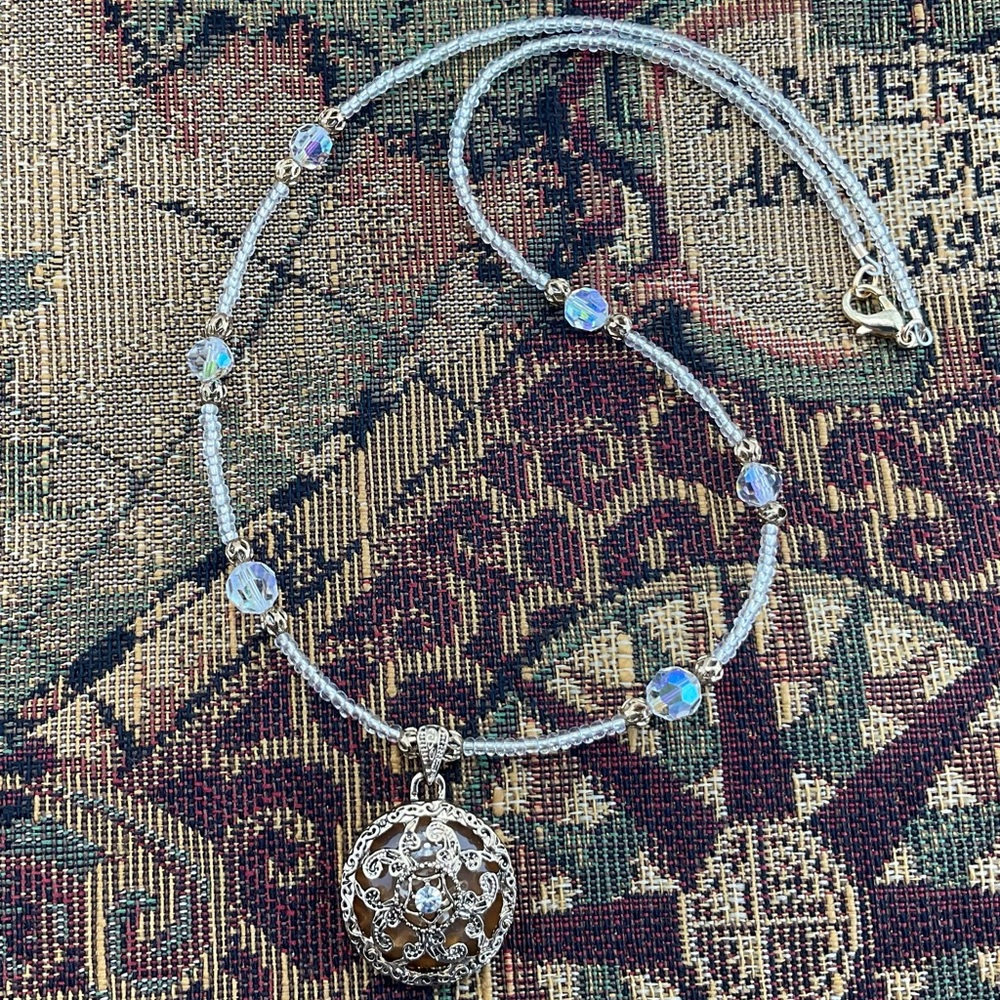 Host Pick! Antique Gold Filigree Pendant Necklace With Aurora Borealis Crystals - Picture 11 of 13